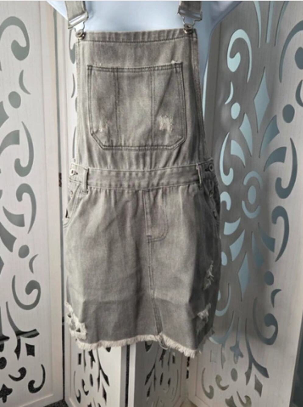POL Gray Distressed Denim Overall Jumper Dress Small Frayed Hem Cotton Bib Skirt